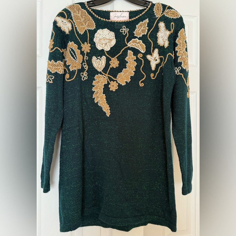 Vintage Jaclyn Smith Festive Green Holiday Sweater Floral Beaded Embroidered